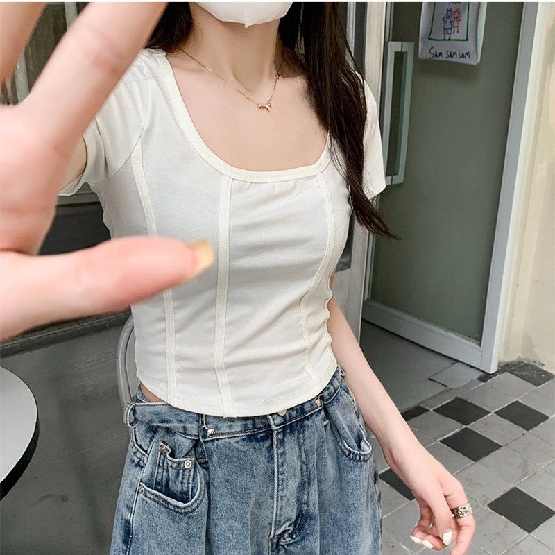 Positive shoulder square collar short-sleeved fishbone t-shirt women's summer American retro inner build to cover meat hot girl slim short top summer i