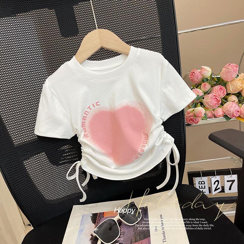Girls T-shirt summer 2023 summer style peach heart irregular drawstring love short-sleeved top princess summer dress new female treasure