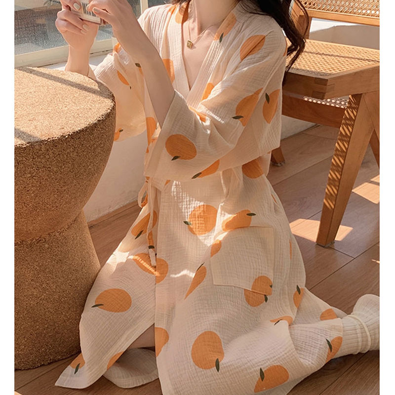 Orange nightgown women's spring and autumn gauze cotton summer Japanese style kimono bathrobe sexy large size nightdress summer pajamas