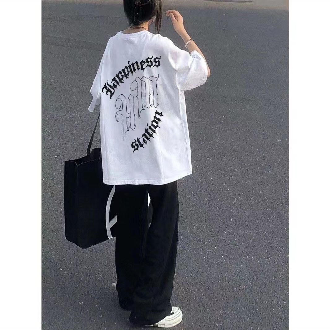 100%純棉歐美風復古丅恤短袖女oversize韓版寬鬆圓領ins風上衣潮