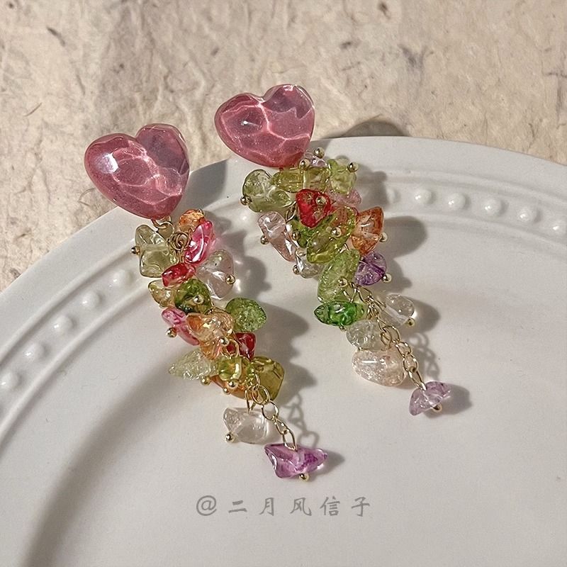 頭號甜心  法式誇張粉色愛心水晶流蘇設計感串珠少女心耳環耳夾E4