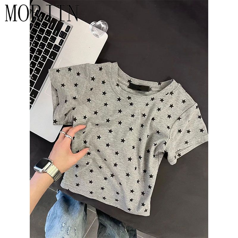 MORJIN American hot girl star pattern front shoulder short-sleeved t-shirt female summer Korean version slim slim short top