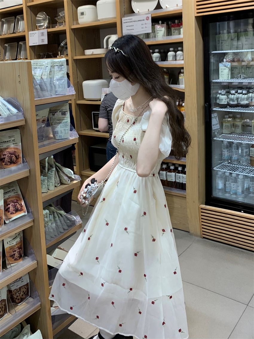 French sweet corset cherry square collar dress female student summer new Korean version age-reducing mid-length A-line skirt