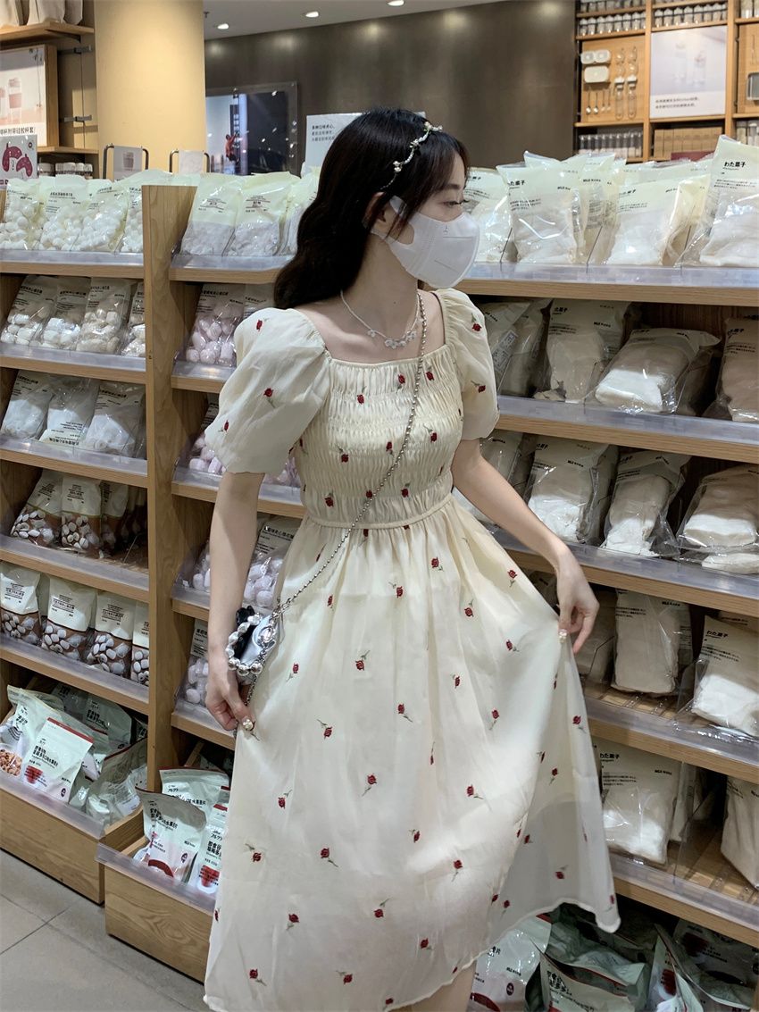 French sweet corset cherry square collar dress female student summer new Korean version age-reducing mid-length A-line skirt