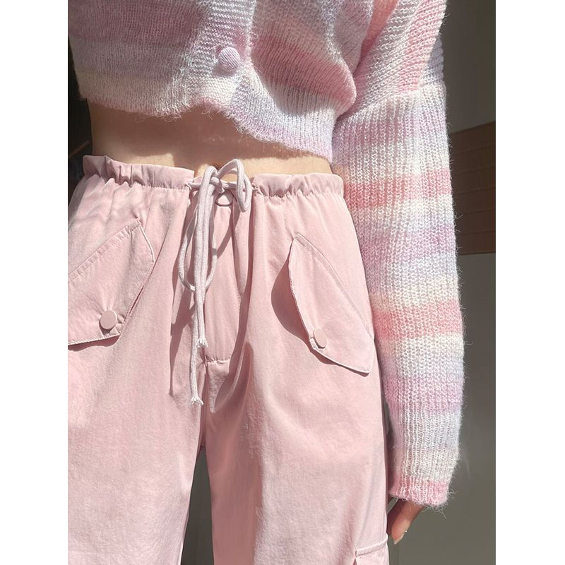 Pink tie rope tooling casual pants female small summer design sense straight tube slim loose wide leg long pants trendy