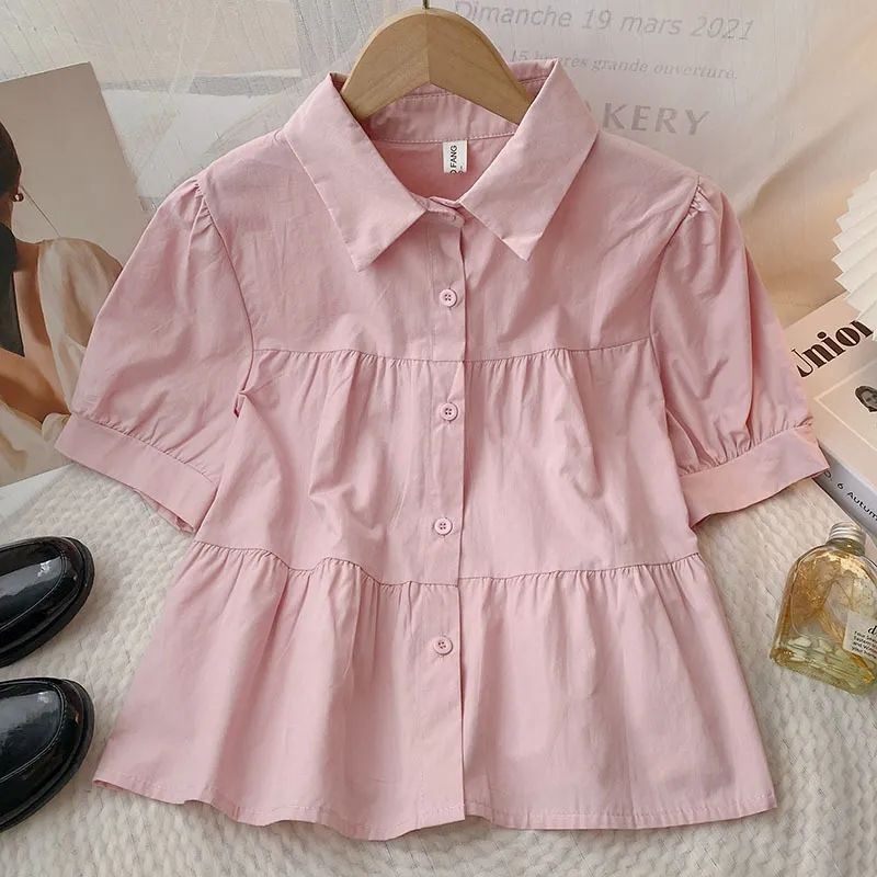 粉色衬衫女夏季新款韩版宽松显瘦百搭纯色翻领短袖开衫短款上衣