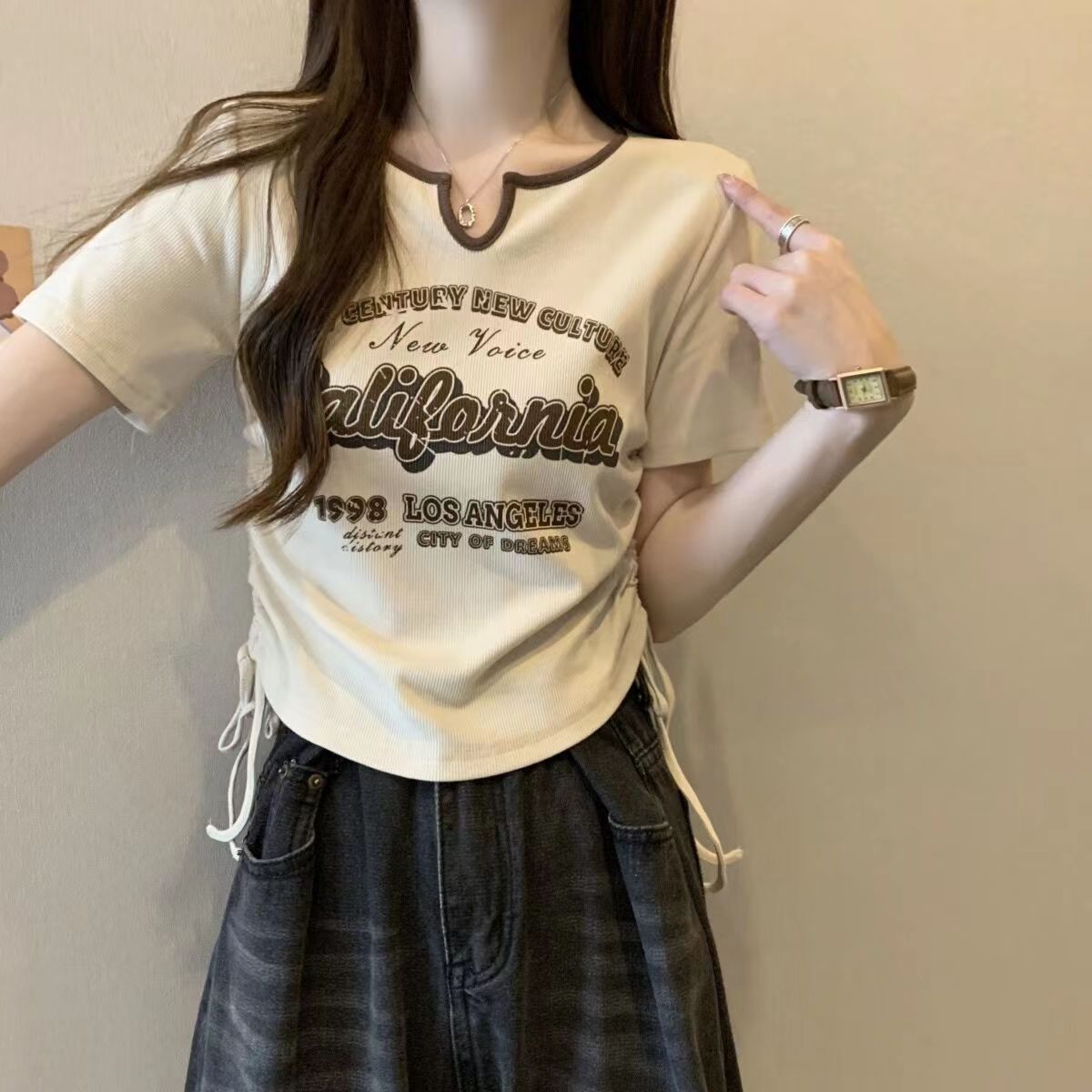美式復古純棉t恤女士短袖2023年夏季新款短款甜辣顯瘦抽繩上衣in