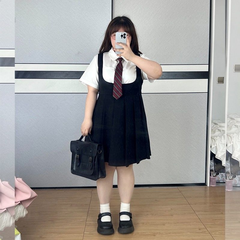 大碼女裝學院風短袖襯衫上衣顯瘦背心裙女胖MM吊帶連衣裙女兩件套