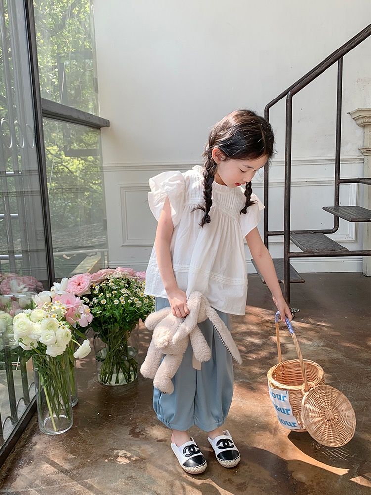 女童夏裝套裝韓版氣質簡約襯衫新款花邊時尚無袖上衣清涼休閒褲