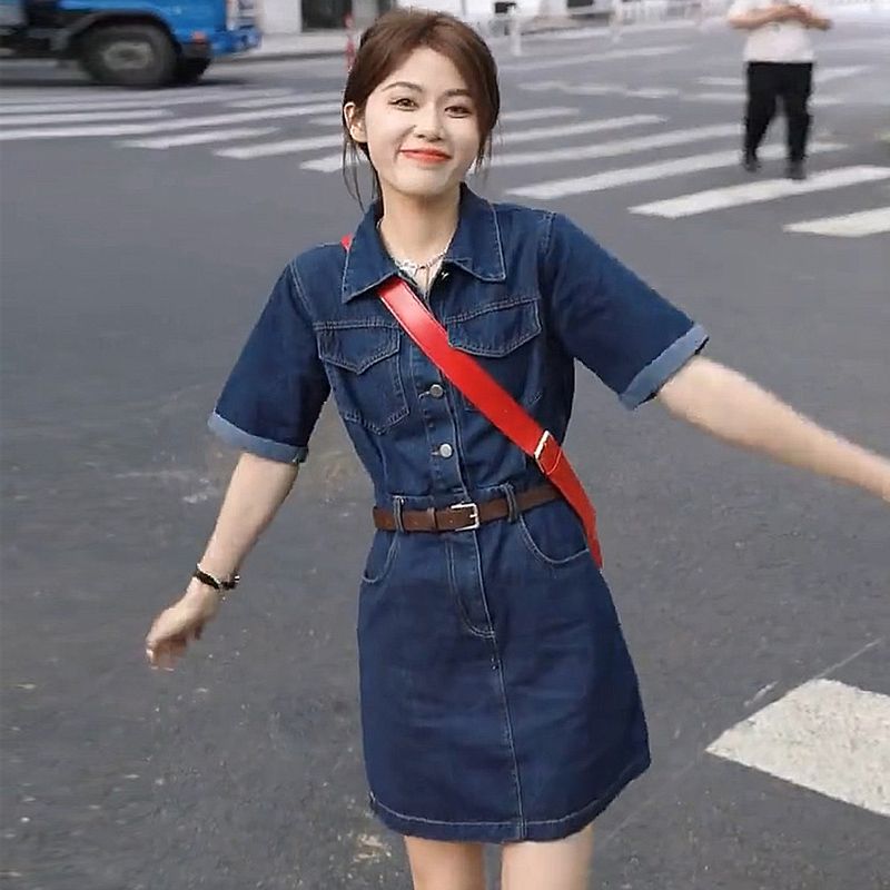 Small POLO collar denim dress women's summer new French retro short-sleeved high waist slim a-line skirt tide