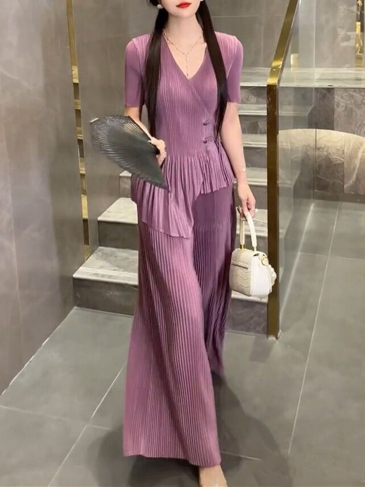 三宅褶皺時尚套裝女2023夏季新款高檔復古修身顯瘦氣質褶皺兩件套
