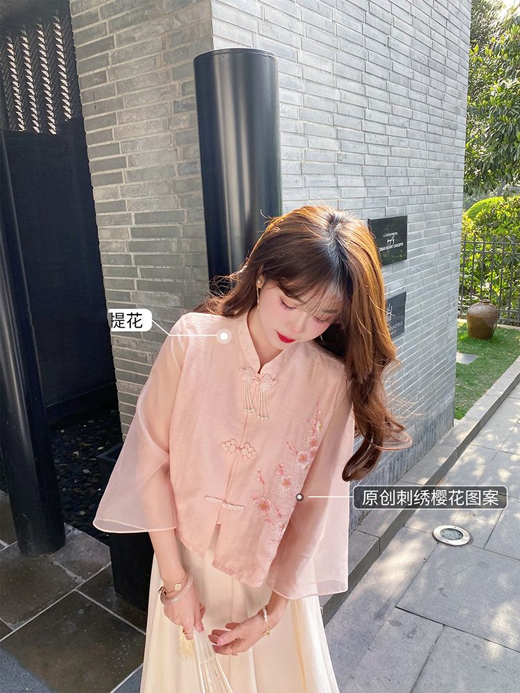 小众长袖粉色国风新中式女装刺绣夏季年上衣外套改良汉服小衫