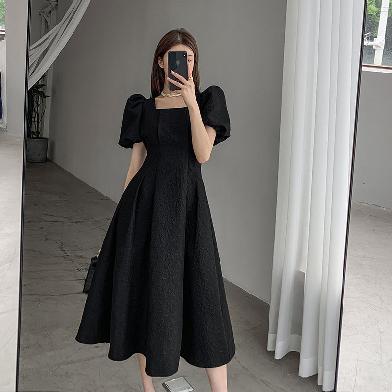 Plus size women's black puff sleeve dress women's 2023 summer new square collar temperament Hepburn style slim dress