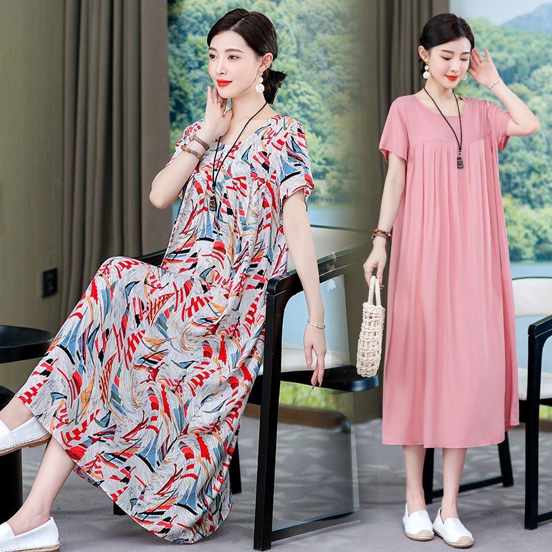 民族風碎花棉綢短袖連衣女2023夏季新款洋氣寬鬆大碼媽媽裝裙子