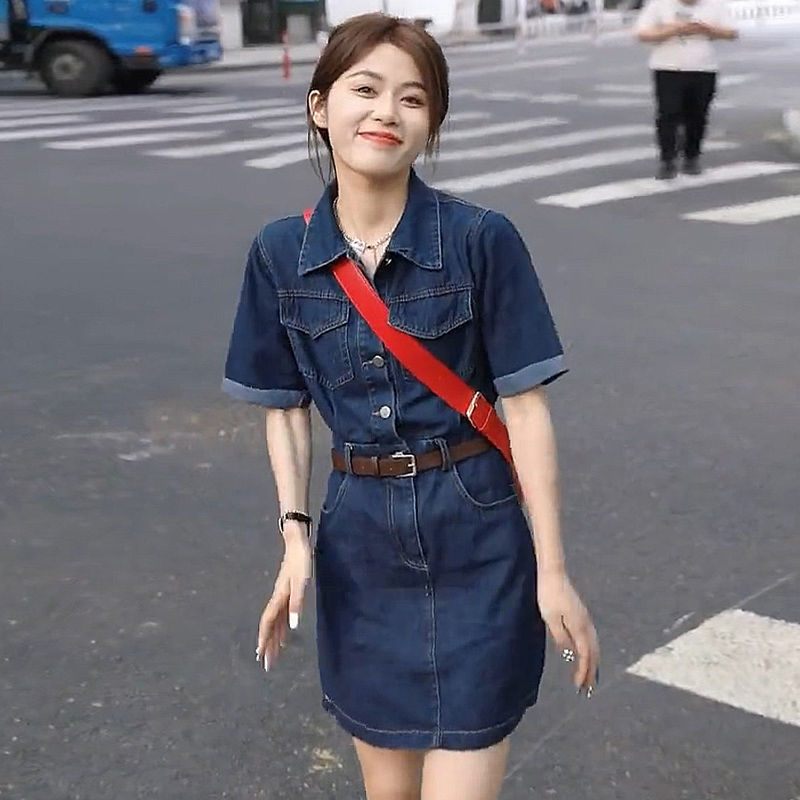 Small POLO collar denim dress women's summer new French retro short-sleeved high waist slim a-line skirt tide