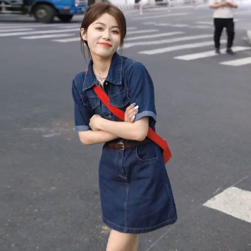 Small POLO collar denim dress women's summer new French retro short-sleeved high waist slim a-line skirt tide