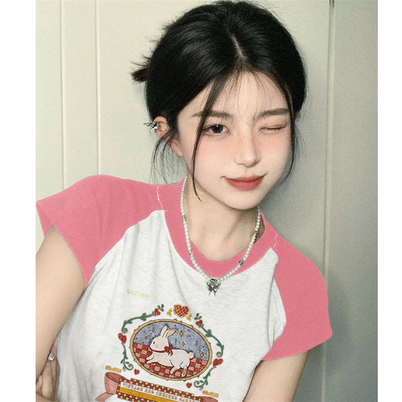 100% pure cotton color contrast raglan sleeves bunny print short-sleeved t-shirt female summer student niche design INS top trend
