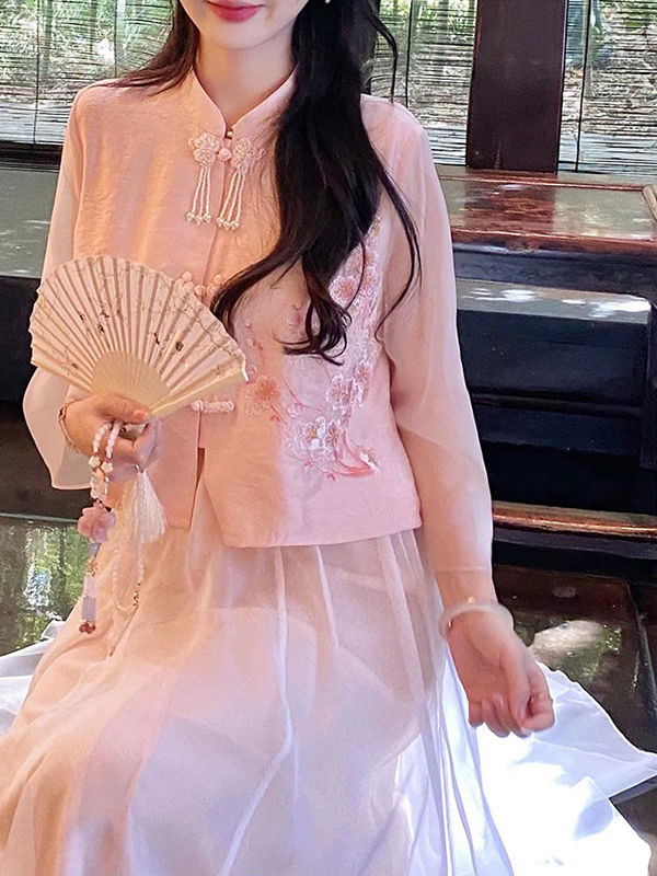 小众长袖粉色国风新中式女装刺绣夏季年上衣外套改良汉服小衫