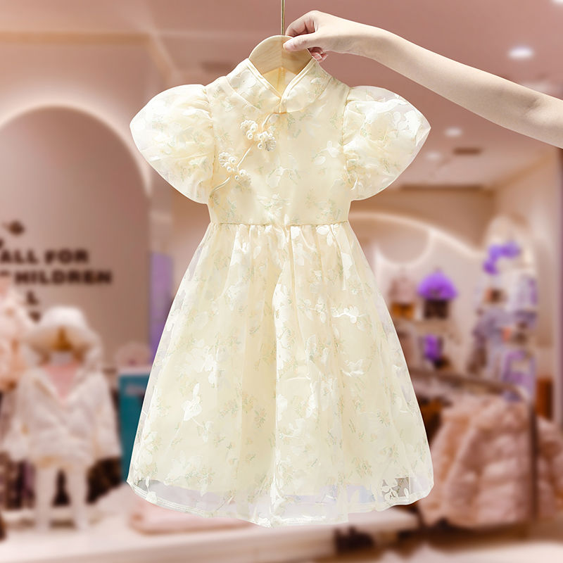 女童連衣裙夏季2023新款兒童裝旗袍漢服白色泡泡袖夏裝公主裙子薄