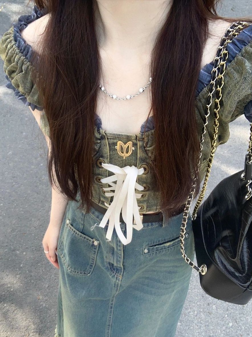 American strappy design denim tube top shirt for women summer popular hot girl ins waist slimming short top