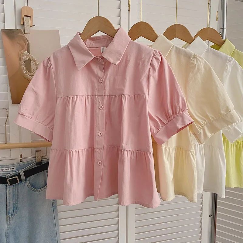 粉色衬衫女夏季新款韩版宽松显瘦百搭纯色翻领短袖开衫短款上衣