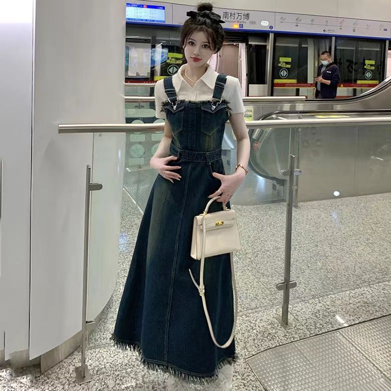 單件/套裝學院風復古氣質減齡顯瘦牛仔背帶裙女學生+polo領短襯衫