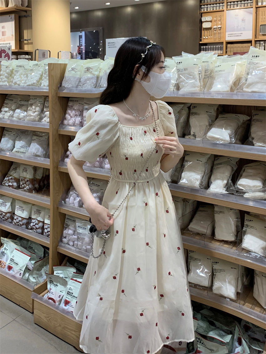 French sweet corset cherry square collar dress female student summer new Korean version age-reducing mid-length A-line skirt