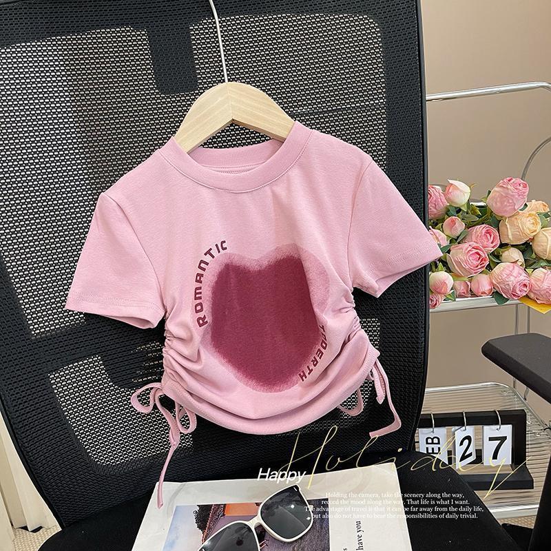 Girls T-shirt summer 2023 summer style peach heart irregular drawstring love short-sleeved top princess summer dress new female treasure