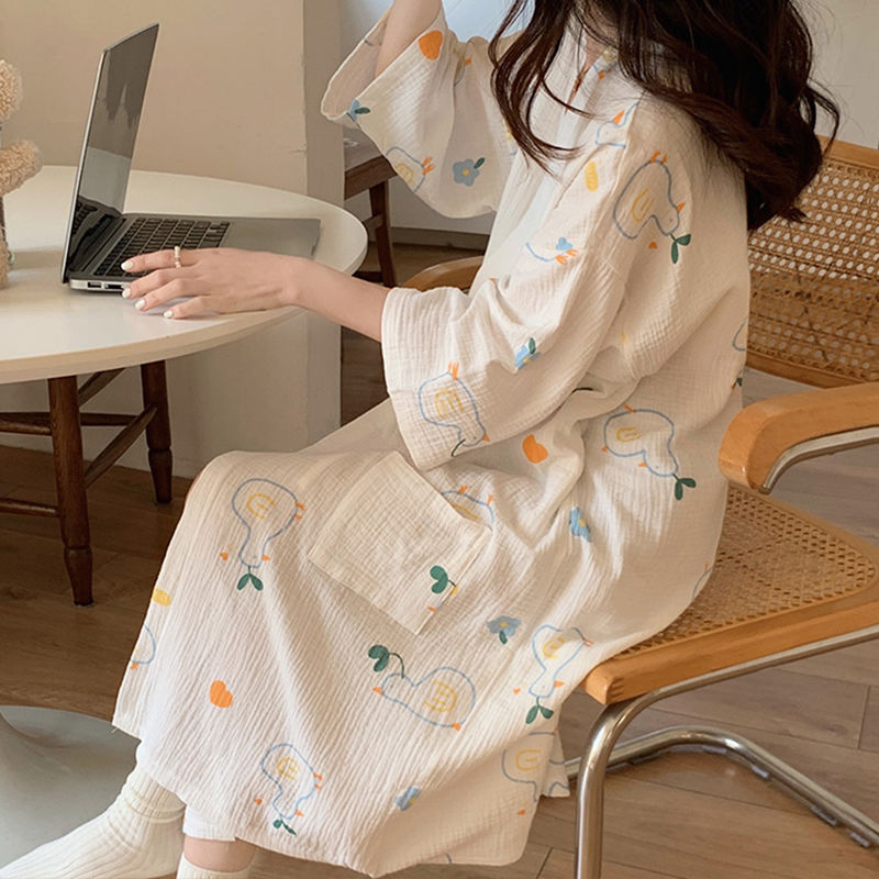 Orange nightgown women's spring and autumn gauze cotton summer Japanese style kimono bathrobe sexy large size nightdress summer pajamas