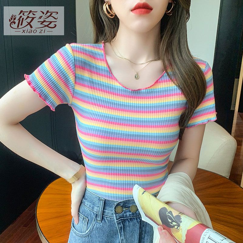 筱姿純棉短袖T恤女2023年新款夏半袖冰絲彩虹條紋設計感小眾上衣