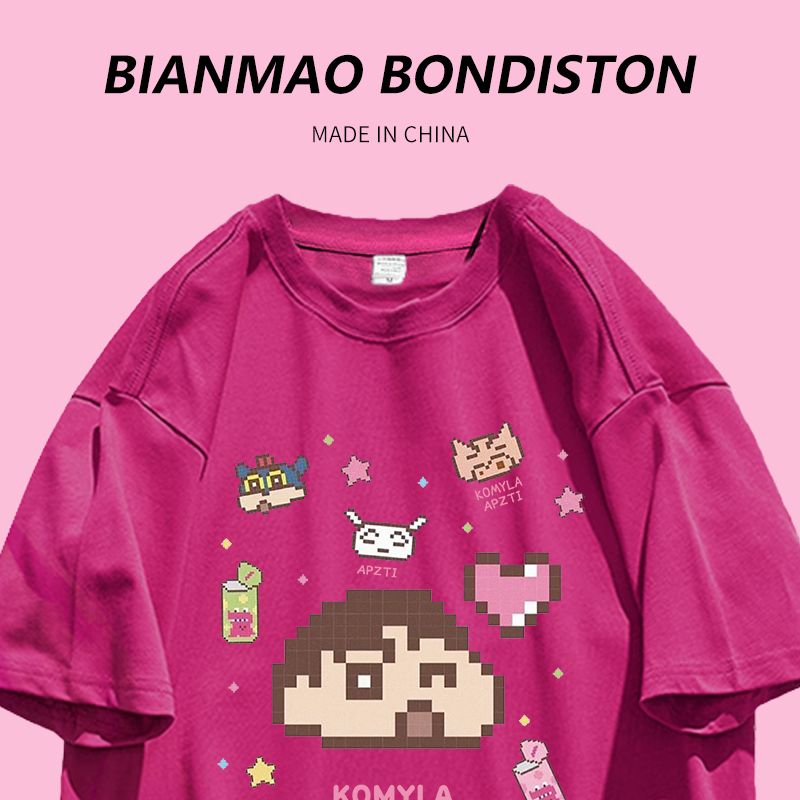 Summer new Harajuku style pixel crayon Shin-chan print sweet wear with boudoir honey heavy cotton short-sleeved T-shirt