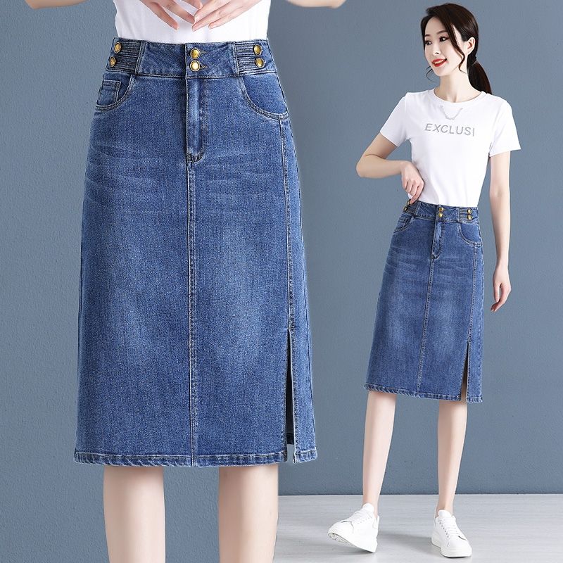 Denim skirt women's summer  new high-waisted mid-length a-line skirt slit one-step hip-covering short skirt