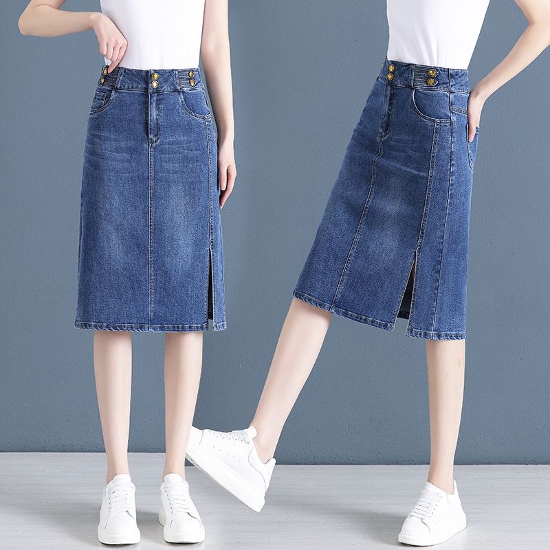 Denim skirt women's summer  new high-waisted mid-length a-line skirt slit one-step hip-covering short skirt