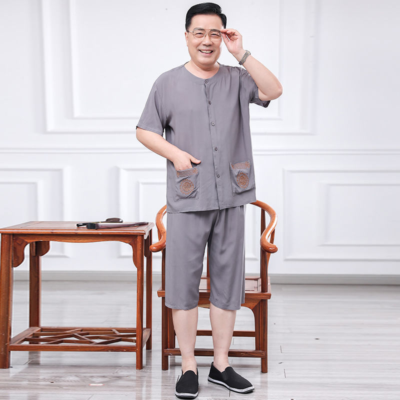中老年男士夏季綿綢套裝爸爸裝短袖開衫睡衣寬鬆大碼家居服兩件套