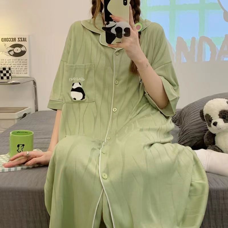 Panda pajamas women's summer cotton short-sleeved thin mid-length high-quality nightdress pregnant women loose and can wear home clothes
