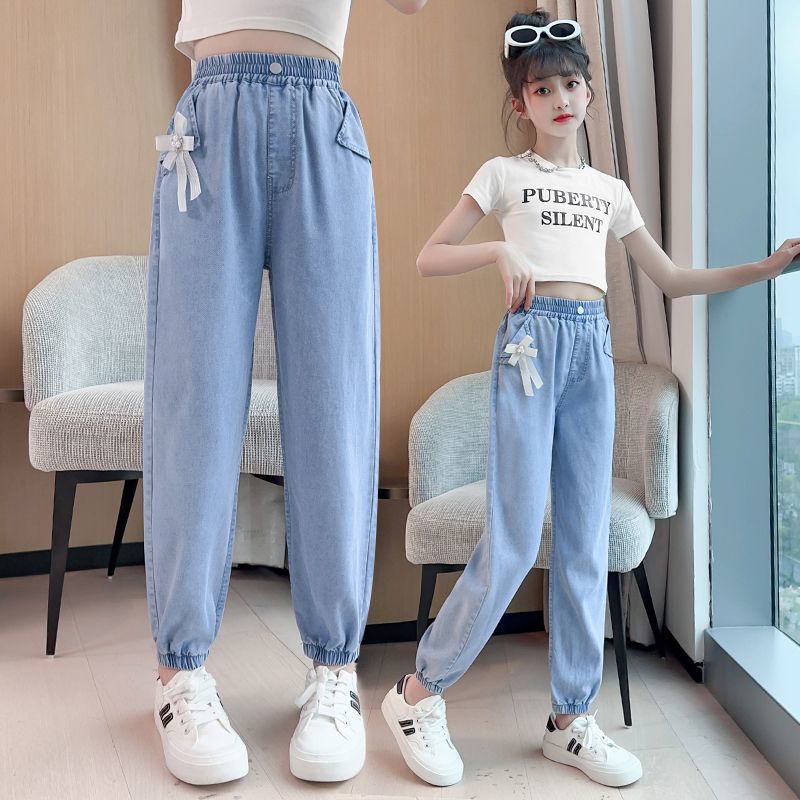 女童天絲牛仔褲夏季薄款寬鬆休閒褲兒童褲子中大童夏裝運動防蚊褲