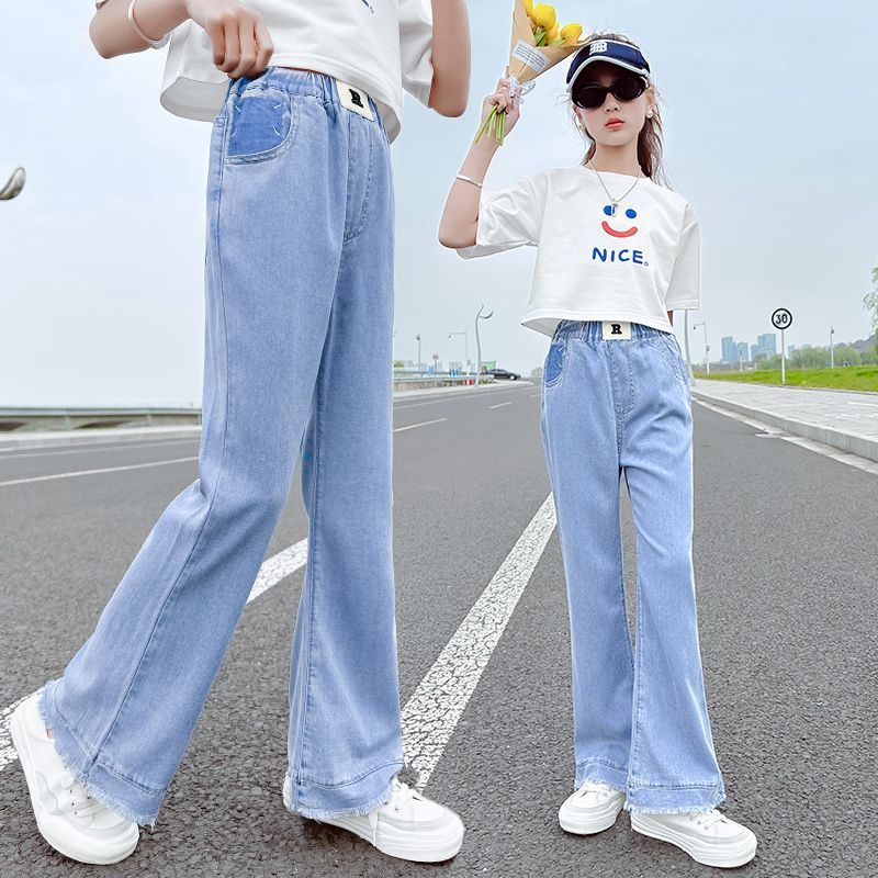 女童褲子夏裝大童夏季薄款時髦洋氣喇叭褲夏款天絲長褲兒童牛仔褲