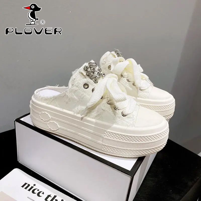PLOVER包頭半拖鞋女外穿2023新款學生百搭厚底松糕帆布鞋休閒板鞋