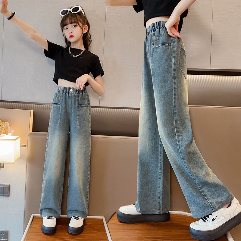 女童褲子夏季薄款2023新款寬鬆直筒學生休閒闊腿褲夏裝兒童牛仔褲