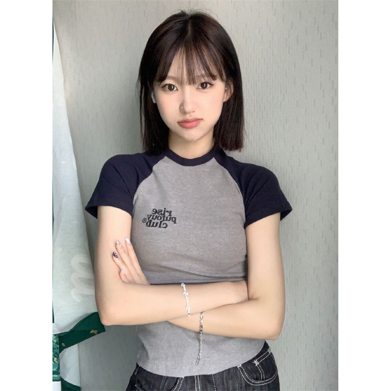 Pure cotton raglan sleeves embroidery small short slim short-sleeved T-shirt female summer student ins bottoming shirt top tide