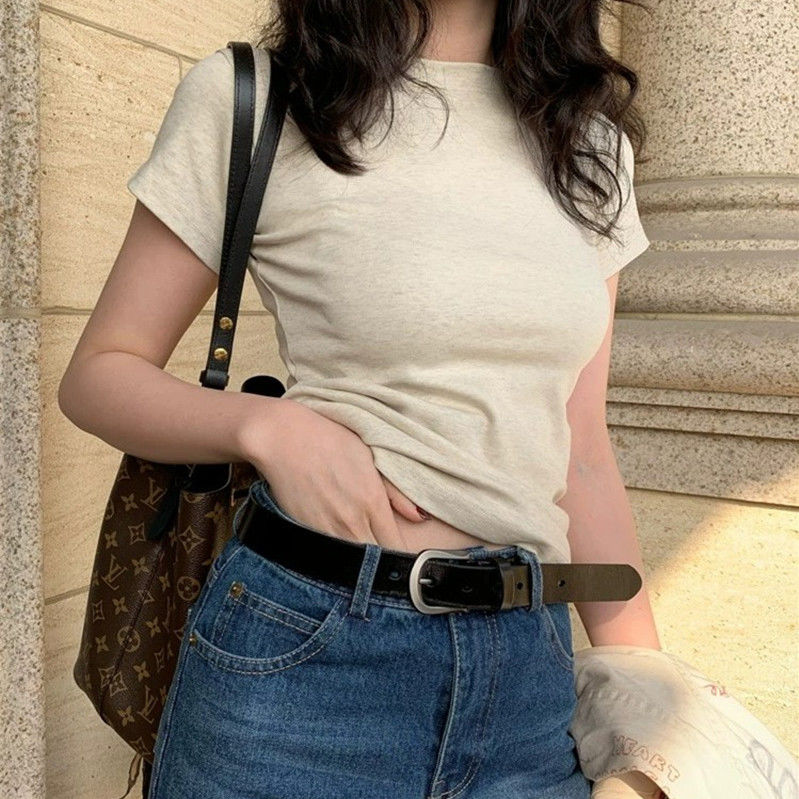 Pure cotton all-match anti-line round neck fishbone front shoulder t-shirt women's high waist self-cultivation slimming niche thin Korean version top tide i