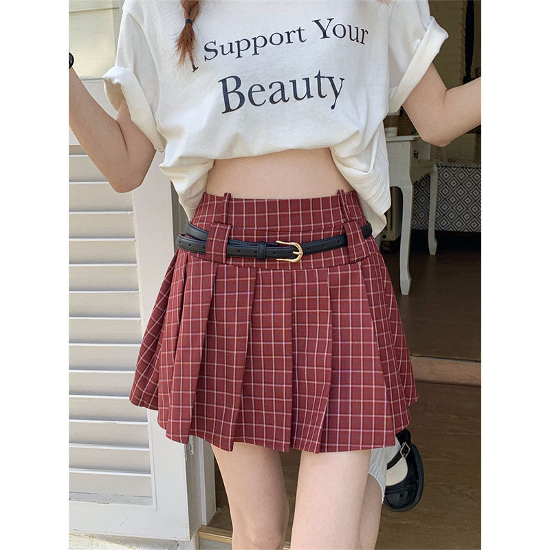 Large size fat mm American retro college style pleated skirt female summer solid color plaid skirt a word skirt