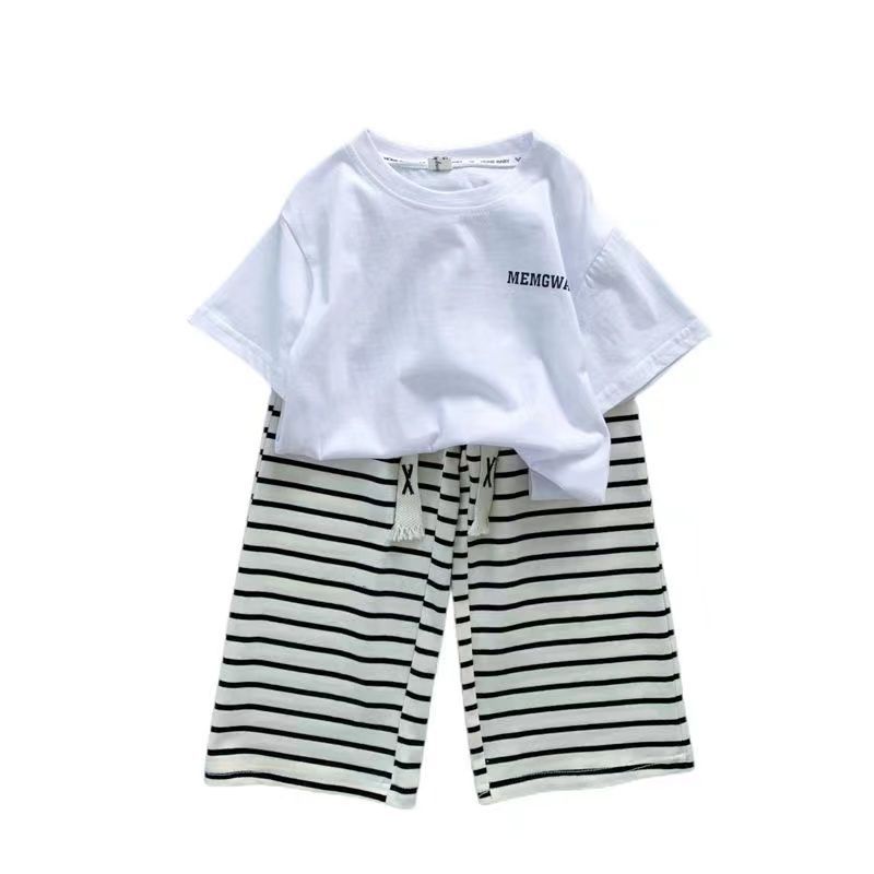 Girl baby fashionable two-piece suit summer new girls Korean version of the alphabet short-sleeved striped wide-leg pants casual suit trendy