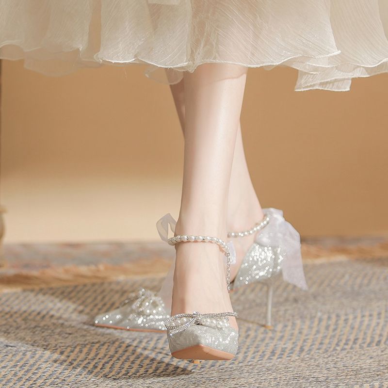 Pearl chain one word with high heels female 2023 new wedding shoes bridal shoes ribbon bow pointed single shoes female
