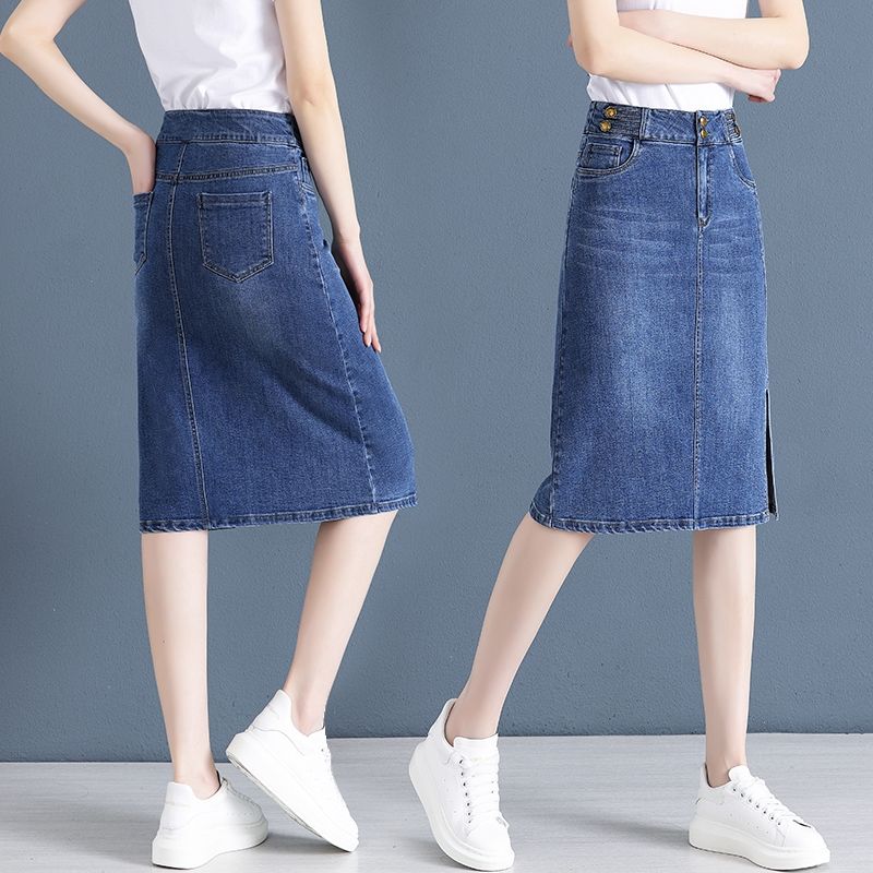 Denim skirt women's summer  new high-waisted mid-length a-line skirt slit one-step hip-covering short skirt