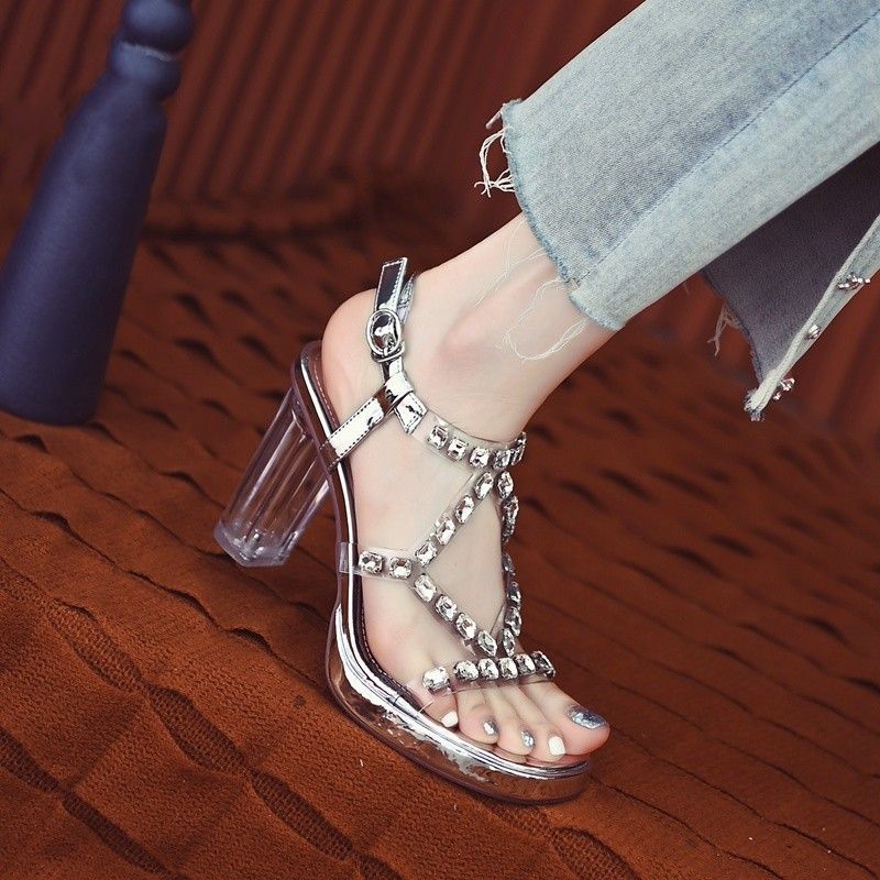 Design sense crystal chunky heel sandals women's 2023 summer new sexy rhinestone transparent mid-heel one-word high-heeled shoes