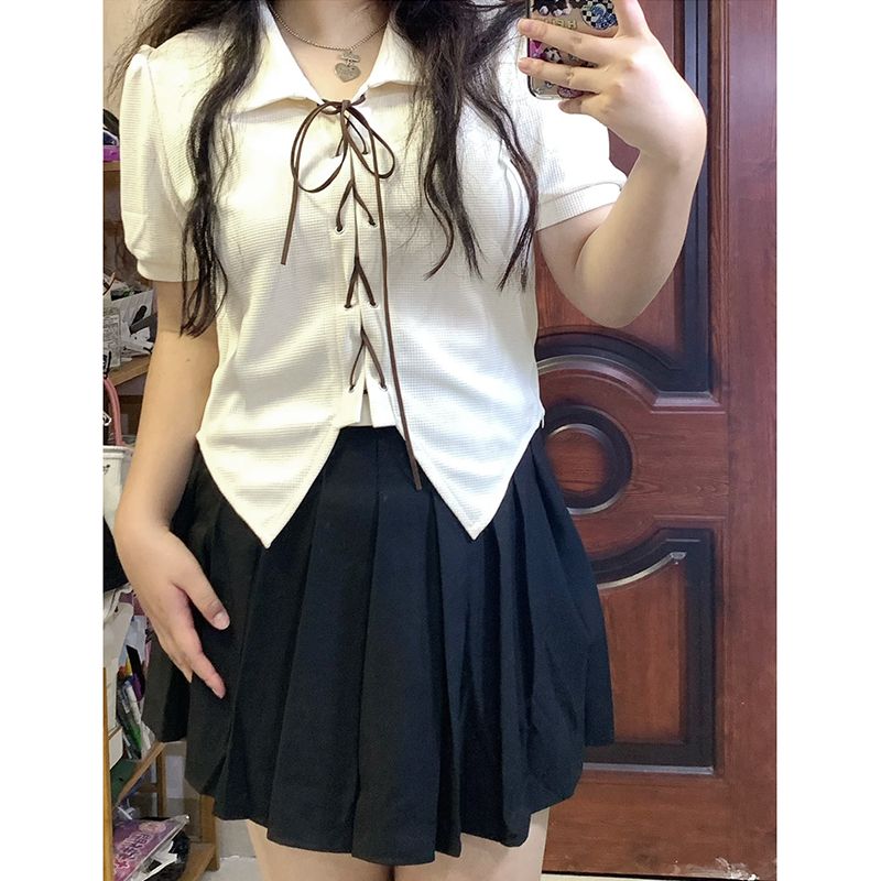 大碼女裝甜辣妹上衣女2023夏季新款綁帶設計感寬鬆顯瘦短袖t恤女