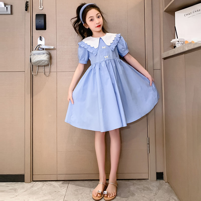 女童連衣裙夏裝2023新款中大童洋氣繡花領公主裙兒童韓版網紅裙子