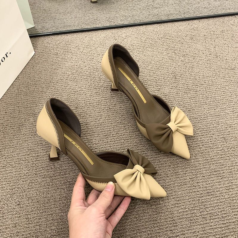 Small fragrance style high-heeled shoes girls 2023 new French middle style single shoes women stiletto temperament bow sandals women