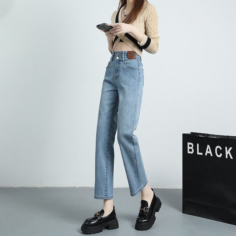 淺色窄版直筒牛仔褲女春秋高腰顯瘦八分煙管褲九分小個子2023新款